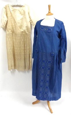 Lot 115 - Circa 1920's Blue Linen Drop Waist Maternity Dress with square neck, inserted woven panels to...