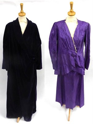 Lot 118 - Circa 1930's Purple Velvet Maternity Evening Wrap Coat with a black silk lining printed with purple