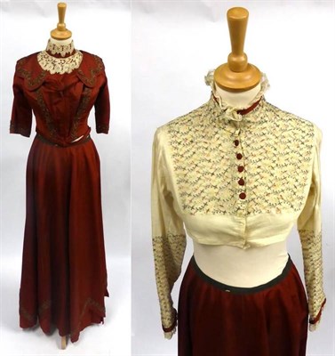 Lot 126 - Circa 1900 Four Piece Costume in a rust coloured grosgrain with bead trim appliques to the...