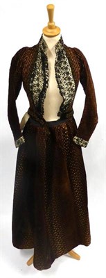 Lot 127 - Late 19th Century Brown Silk and Velvet Ribbed Two Piece  woven with gold spots, comprising a...