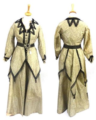 Lot 129 - 19th Century Pale and Brown Mottled Silk Costume comprising a long sleeved long line jacket...