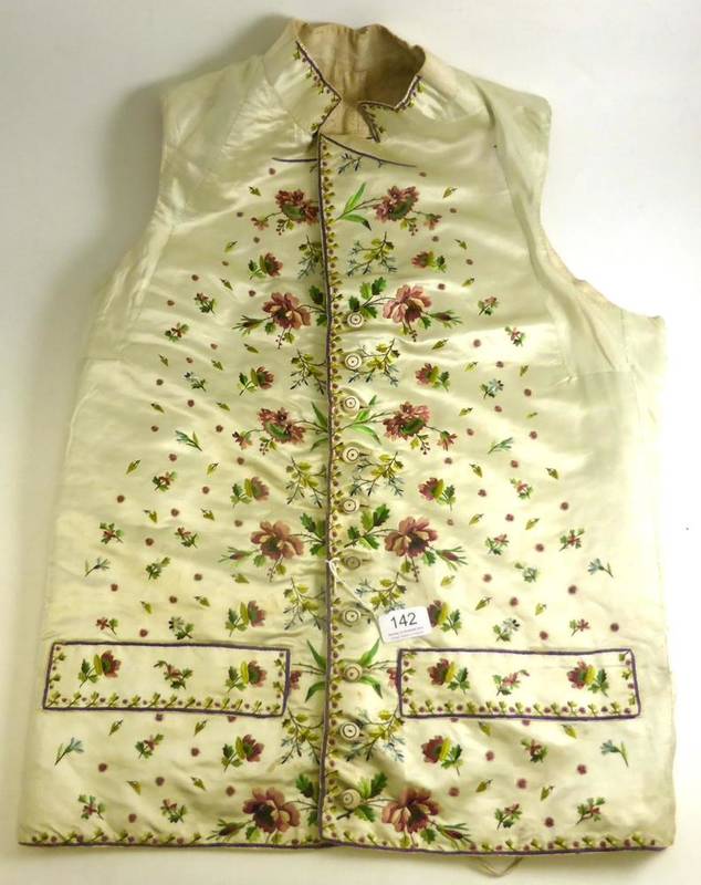 Lot 142 - Corneulius Cayley's Late 18th Century Cream Silk Waistcoat embroidered with flowers and leaves...