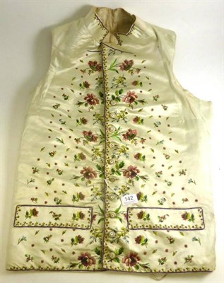 Lot 142 - Corneulius Cayley's Late 18th Century Cream Silk Waistcoat embroidered with flowers and leaves...