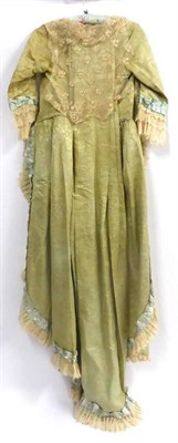 Lot 144 - Late 18th Century Green Silk Brocade Sack-Back Open Robe/Robe a La Francaise with pale blue...