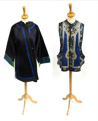 Lot 149 - Early 20th Century Chinese Blue Silk Jacket with applique trims, green silk embroidered sleeve...