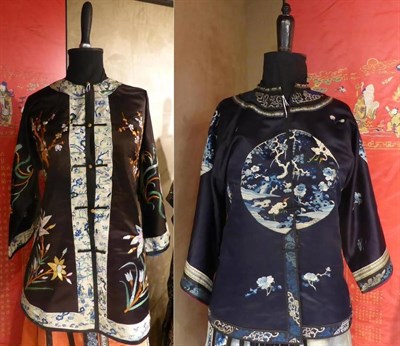 Lot 150 - Early 20th Century Chinese Blue Silk Jacket with long sleeves, embroidered in blue and white with a