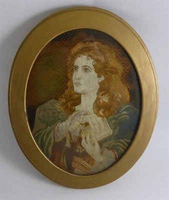 Lot 161 - A Silk Embroidered Picture depicting a pre-Raphaelite style lady, with auburn hair and wearing...