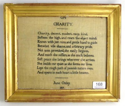 Lot 168 - Quaker Extract Sampler  'On Charity' Worked by Jane Oxley Dated 1819, worked in black cross stitch