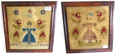 Lot 169 - Circa 1840's Naive Wool Work Picture depicting a fashionable lady of the period wearing a blue...