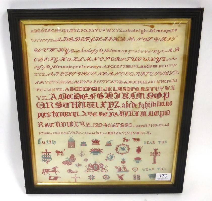 Lot 170 - Late 18th Century Bristol School Alphabet Sampler worked by Lizzie Alexander in red and blue...