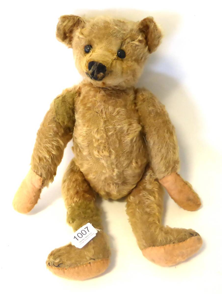 Lot 1007 - Early Steiff Yellow Plush Jointed Teddy Bear with boot button eyes, stitched and repaired nose,...