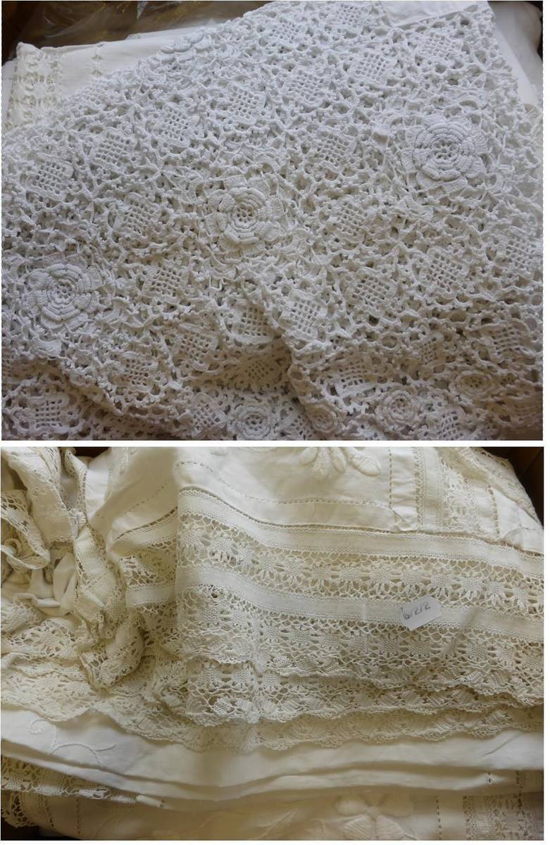 Lot 1019 - Assorted White Linen Sheets, cloths, embroidered and crochet textiles etc (two boxes)