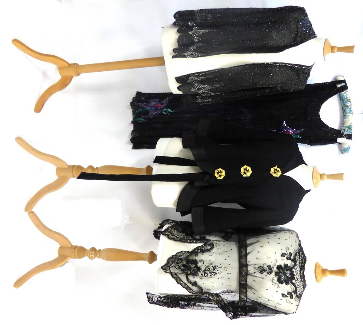 Lot 1143 - Circa 1920's Black Crepe Evening Jacket with bead decoration and scalloped hem; Sequin Shift...