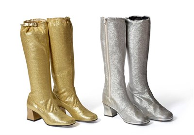 Lot 2044 - Pair of Gold Fabric Knee High Boots with square heel; Similar Pair in Silver Stretch Lurex with...