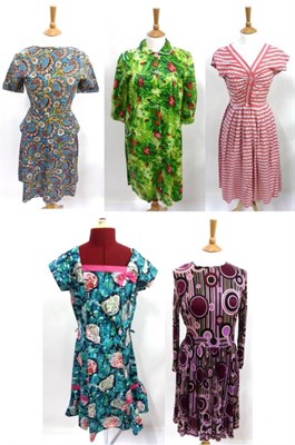 Lot 2050 - Circa 1950's Cotton Printed Day Dresses including a pink and white striped dress with capped...