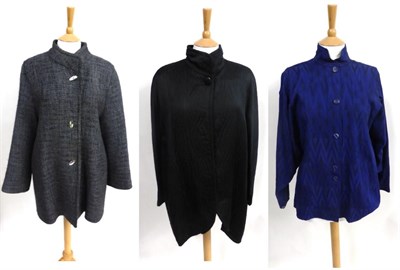 Lot 2075 - Three Jean Muir Jackets including a Jean Muir Studio blue wool woven jacket with nehru style...