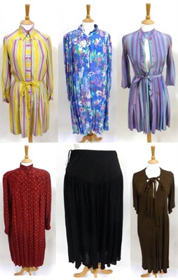 Lot 2081 - Jean Muir Costume including a yellow, pink and pale green striped silk shirt dress with long...