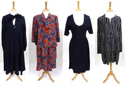 Lot 2084 - Jean Muir Costume including a navy blue wool crepe dress with scoop neckline, notch neck with...