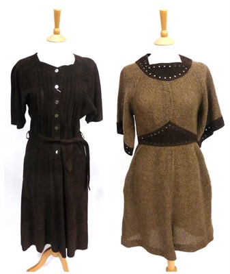 Lot 2088 - Jean Muir Costume including Brown Suede Dress with short sleeves, buttons to the waist, pin...