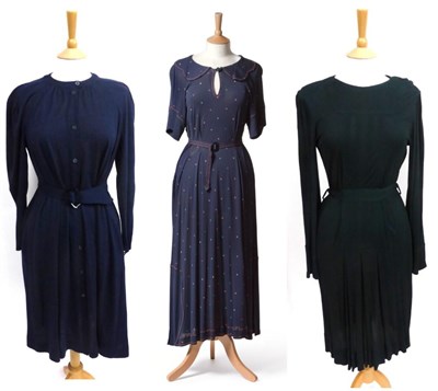 Lot 2089 - Jean Muir Dark Navy Long Jersey Dress with a scalloped wide collar, short sleeves, printed with...