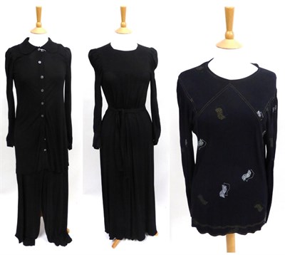 Lot 2090 - Jean Muir Costume including a Black Jersey Long Dress with smocked detail to the bodice and to...