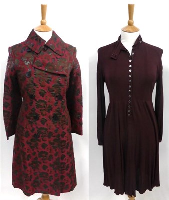 Lot 2092 - Jean Muir Burgundy Brocade Double Breasted Coat with floral decoration, woven with pewter...