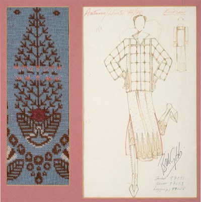 Lot 2125 - Framed Knitwear Design by Bill Gibb comprising a printed design titled 'Autumn/Winter 77/78...