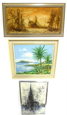 Lot 2147 - Enrique Koscaya (1901-1970) Russian Tropical island with palm trees Signed, oil on canvas, together