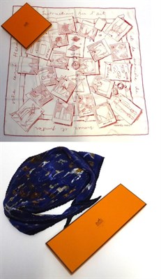 Lot 2161 - Hermes Silk Scarf 'Instructions Sur L'Art' designed by S De Seynes, on white with red script,...