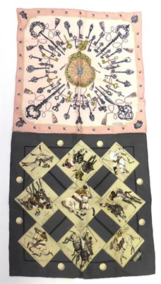 Lot 2163 - Hermes Silk Pocket Scarf 'Les Cles' designed by Cathy Latham on a pale pink ground, 42 cm...