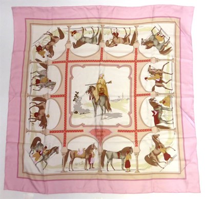 Lot 2174 - Hermes Silk Scarf 'Chevaux Arabes' designed by Hugo Grygkar on a pale pink ground, 90cm square