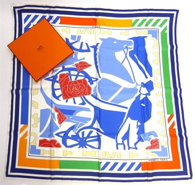 Lot 2175 - Hermes Silk Scarf 'Puzzle' designed by Joachim Metz, on a white ground with navy blue striped...