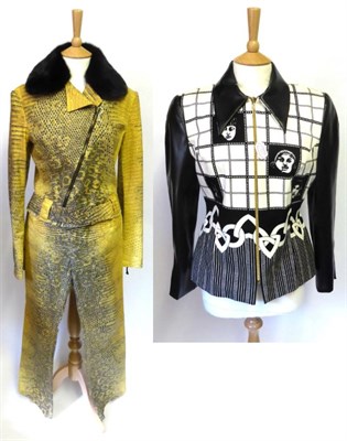 Lot 2191 - Roberto Cavalli Trouser Suit comprising biker style jacket with zipped front and sleeves,...