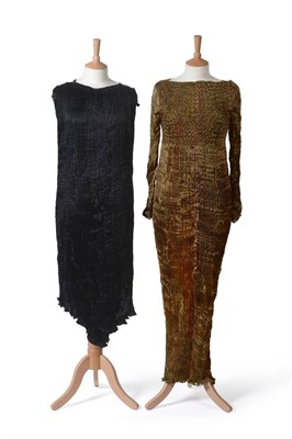 Lot 2198 - Patricia Lester moss green and brown iridescent silk dress with multi pleating, long sleeves,...