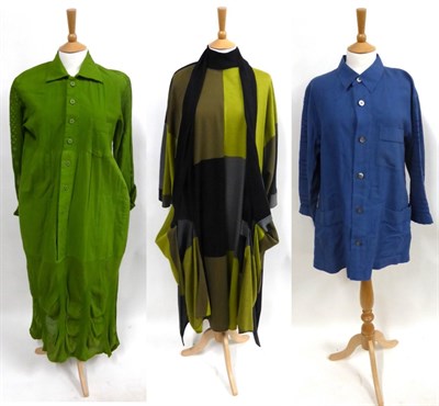 Lot 2201 - Issey Miyake wool dress, printed with green, khaki, black and grey panels, with a black faux...