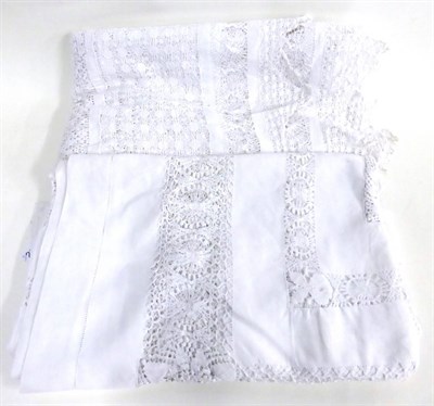 Lot 2009 - White Linen Table Cloth with drawn thread work, 244cm by 214cm; Another with Star Motifs and...