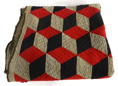 Lot 2010 - Early 19th Century Tumbling Block Quilt, of hand woven wool panels in red, black and grey...