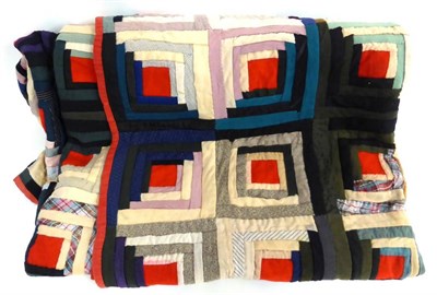 Lot 2014 - Log Cabin Pattern Quilt, using wool, ribbons, tweed and red flannel, with cream linen reverse,...