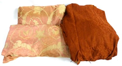 Lot 2015 - Pair of Late 19th Century Rust Damask Floral Curtains with applied bobble trim, 140cm wide...