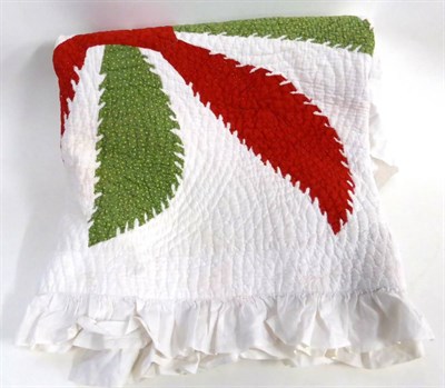 Lot 2024 - Early 20th Century American Quilt in Princess Feather Pattern appliqued in green and red on a white