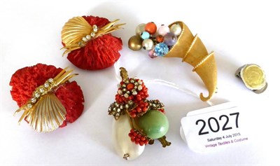 Lot 2027 - A Brooch, by Miriam Haskell, the spray brooch set with faux coral, jade, diamond and pearl,...