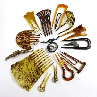 Lot 2029 - A Collection of Mainly Faux Tortoiseshell Hair Combs and Clips, including two pierced examples,...