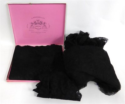 Lot 2031 - Black Lace French Shawl in an A Hebrard & Co, Lyon card box; Black Lace Shawl with floral...