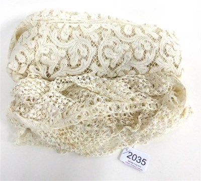 Lot 2035 - White Lace Flounce of floral design with scalloped hem, 22cm by 365cm, and Another Trimming in...