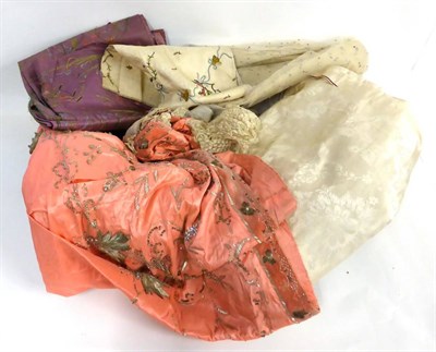 Lot 2059 - 19th Century Peach Silk Two Piece heavily embroidered with beads, and lace mounted bodice (af);...