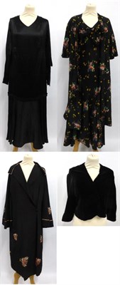 Lot 2096 - Circa 1930s Black and Floral Bias Cut Dress and Jacket with short sleeves, bow detailing to the...