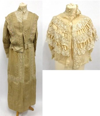 Lot 2097 - Edwardian Dark Cream Silk Two Piece, with pleated detail and floral silk embroidered applique...