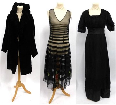 Lot 2098 - Edwardian Black Silk Evening Dress with short sleeves, chiffon mount with lace appliques and...