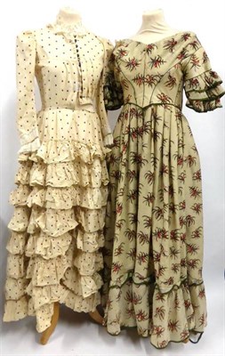 Lot 2103 - 19th Century Cream Ground Floral Printed Silk Dress with short tiered sleeves trimmed with...