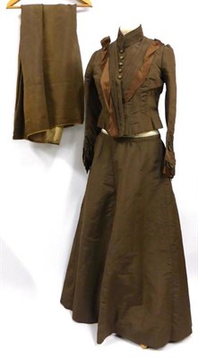 Lot 2105 - 19th Century Brown Silk Two Piece with fitted bodice and contrasting brown silk mounts, full skirt